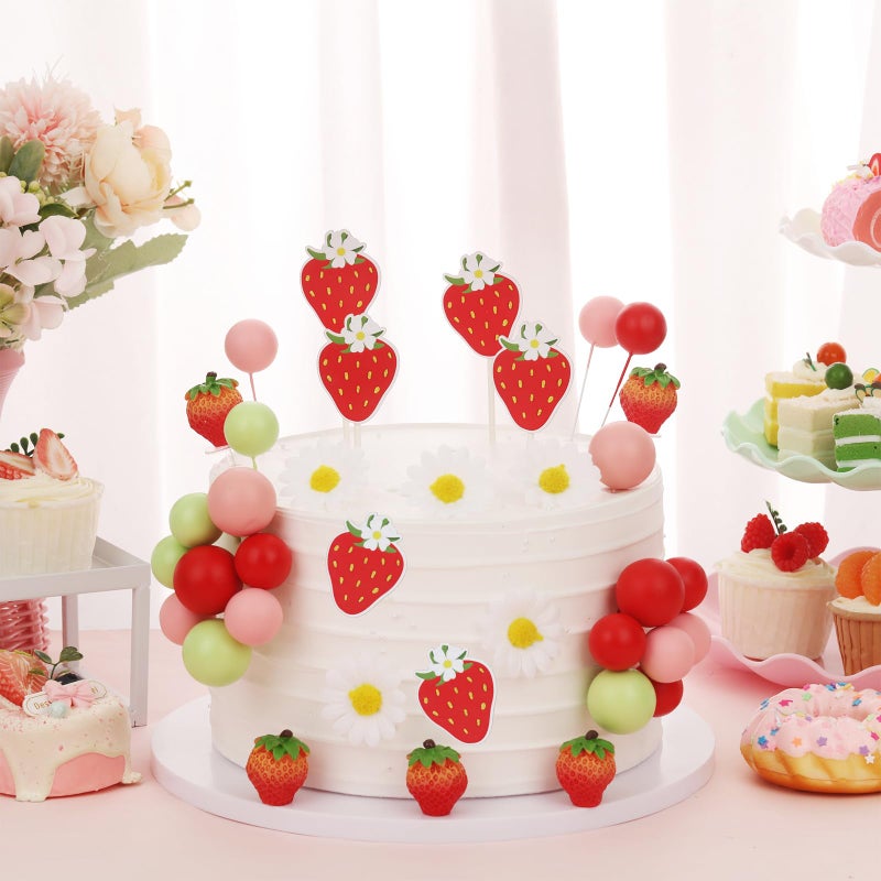Cheereveal Strawberry Cake Figures Decorations for Girls - Strawberry Theme Birthday Cake Cupcake Toppers Ball Dessert Picks, Fruit Theme Birthday Party Baby Shower Celebration Photo Props - Image 4